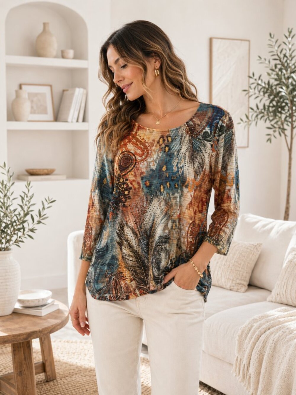 Romantic Feather Print Top 3/4 Sleeve Soft Petite SP